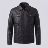 Men's black faux leather trucker jacket, studio front