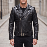 Men's Sheepskin Leather Belted Biker Jacket, black, front lifestyle