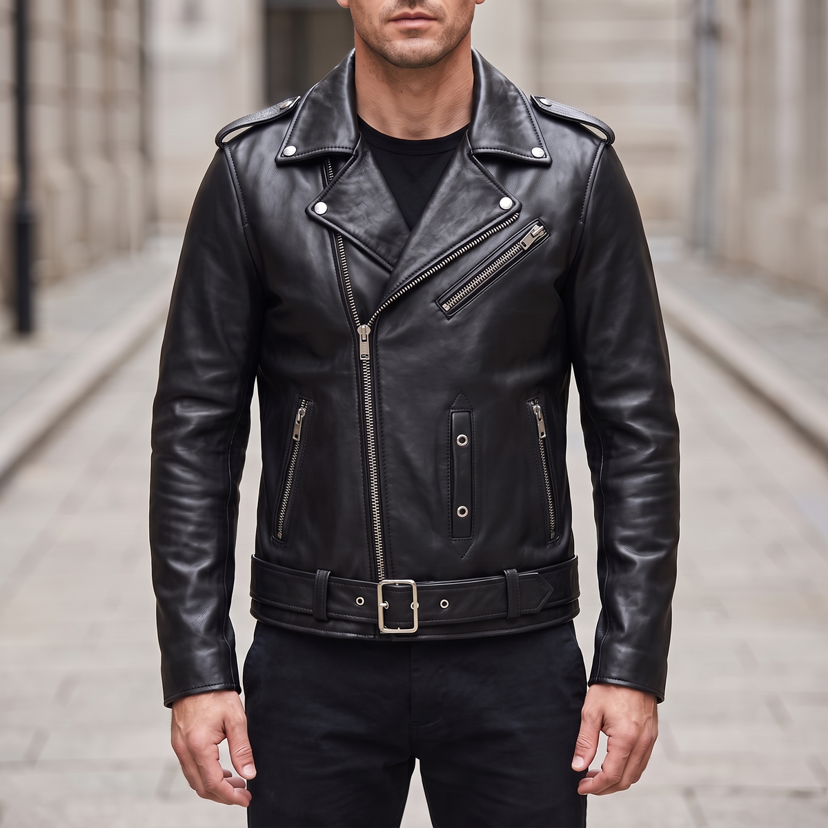 Men's Sheepskin Leather Belted Biker Jacket, black, front lifestyle