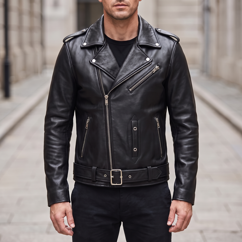 Men's Sheepskin Leather Belted Biker Jacket, black, front lifestyle