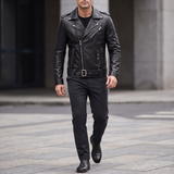 Men's Sheepskin Leather Belted Biker Jacket, black, full-body lifestyle