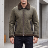 Men's Letter-Pattern Fleece-Collar Zip Jacket, olive, three-quarter lifestyle