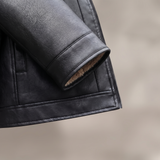 Men's Faux Leather Fleece-Collar Jacket with Shoulder Panels, black, cuff detail