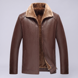 Men's Faux Leather Fleece-Collar Jacket with Shoulder Panels, brown, studio front