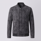 Men's charcoal faux leather bomber jacket, studio front