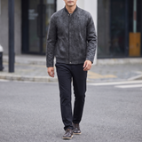 Men's charcoal faux leather bomber jacket, full-body lifestyle