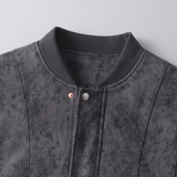 Men's charcoal faux leather bomber jacket, collar detail