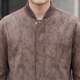 Men's coffee brown faux leather bomber jacket, collar detail