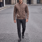Men's coffee brown faux leather bomber jacket, full-body lifestyle