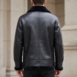 Men's Faux Leather Winter Jacket with Buckle Collar, black, rear on model
