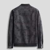 Men's charcoal faux leather bomber jacket, studio rear