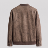 Men's coffee brown faux leather bomber jacket, studio rear
