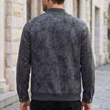 Men's charcoal faux leather bomber jacket, rear on model