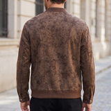 Men's coffee brown faux leather bomber jacket, rear on model