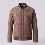 Men's coffee brown faux leather bomber jacket, studio front