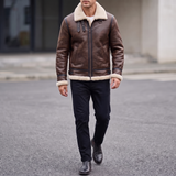 Men's Faux Leather Winter Jacket with Buckle Collar, brown, full-body lifestyle
