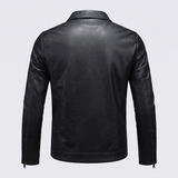 Men's black faux leather trucker jacket, studio rear