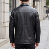 Men's black goatskin leather jacket, rear on model