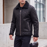Men's Letter-Pattern Fleece-Collar Zip Jacket, black, three-quarter lifestyle