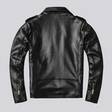 Men's Sheepskin Leather Belted Biker Jacket, black, studio rear