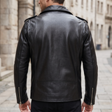 Men's Sheepskin Leather Belted Biker Jacket, black, rear on model