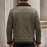Men's Letter-Pattern Fleece-Collar Zip Jacket, olive, rear on model