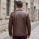 Men's Faux Leather Fleece-Collar Jacket with Shoulder Panels, brown, rear on model