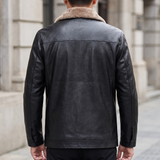 Men's Faux Leather Fleece-Collar Jacket with Shoulder Panels, black, rear on model