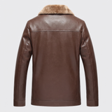 Men's Faux Leather Fleece-Collar Jacket with Shoulder Panels, brown, studio rear
