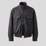 Men's Faux Leather Utility Jacket with Zip Chest Pockets, charcoal, studio front