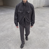 Men's Faux Leather Utility Jacket with Zip Chest Pockets, charcoal, full-body lifestyle