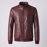 Men's Textured Faux Leather Racer Jacket with Ribbed Cuffs, burgundy, studio front