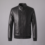 Men's Textured Faux Leather Racer Jacket with Ribbed Cuffs, black, studio front