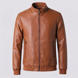 Men's Textured Faux Leather Racer Jacket with Ribbed Cuffs, cognac, studio front