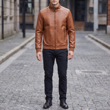 Men's Textured Faux Leather Racer Jacket with Ribbed Cuffs, cognac, full-body lifestyle