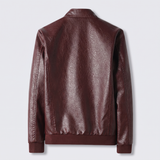 Men's Textured Faux Leather Racer Jacket with Ribbed Cuffs, burgundy, studio rear