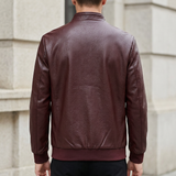 Men's Textured Faux Leather Racer Jacket with Ribbed Cuffs, burgundy, rear on model