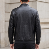 Men's Textured Faux Leather Racer Jacket with Ribbed Cuffs, black, rear on model