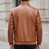 Men's Textured Faux Leather Racer Jacket with Ribbed Cuffs, cognac, rear on model