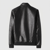 Men's Textured Faux Leather Racer Jacket with Ribbed Cuffs, black, studio rear