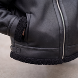 Men's Faux Leather Aviator Jacket with Fleece Trim, black, cuff detail