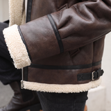 Men's Faux Leather Aviator Jacket with Fleece Trim, brown, cuff detail