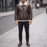 Men's Faux Leather Aviator Jacket with Fleece Trim, brown, full-body lifestyle