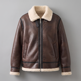 Men's Faux Leather Aviator Jacket with Fleece Trim, brown, studio front