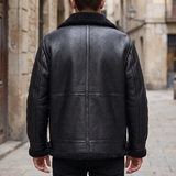 Men's Faux Leather Aviator Jacket with Fleece Trim, black, rear on model
