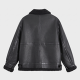 Men's Faux Leather Aviator Jacket with Fleece Trim, black, studio rear