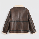 Men's Faux Leather Aviator Jacket with Fleece Trim, brown, studio rear