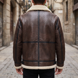 Men's Faux Leather Aviator Jacket with Fleece Trim, brown, rear on model