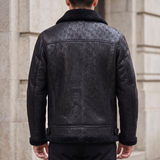 Men's Letter-Pattern Fleece-Collar Zip Jacket, black, rear on model