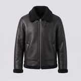 Men's Faux Leather Aviator Jacket with Fleece Trim, black, studio front
